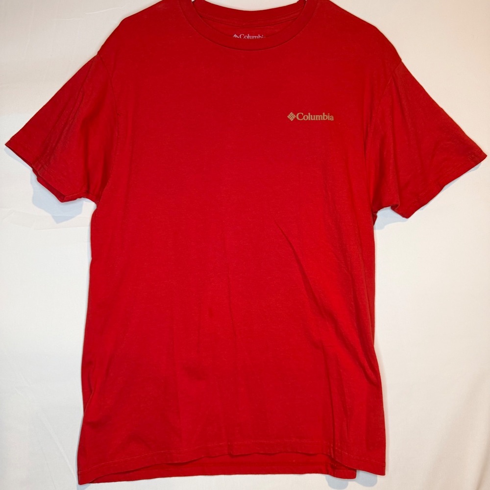 Columbia Mens Red Graphic T-Shirt Large Pine Tree Mountain Print Cotton Tee